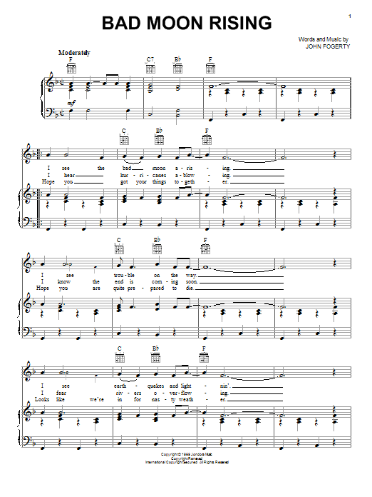 Creedence Clearwater Revival Bad Moon Rising sheet music notes and chords. Download Printable PDF.