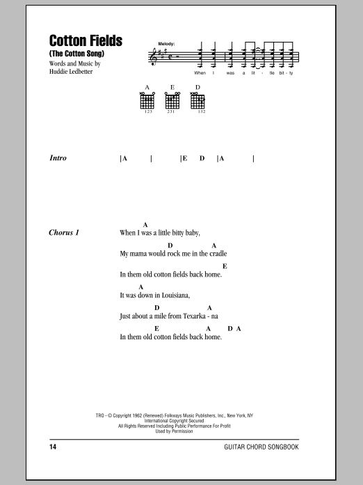 Creedence Clearwater Revival Cotton Fields (The Cotton Song) sheet music notes and chords. Download Printable PDF.