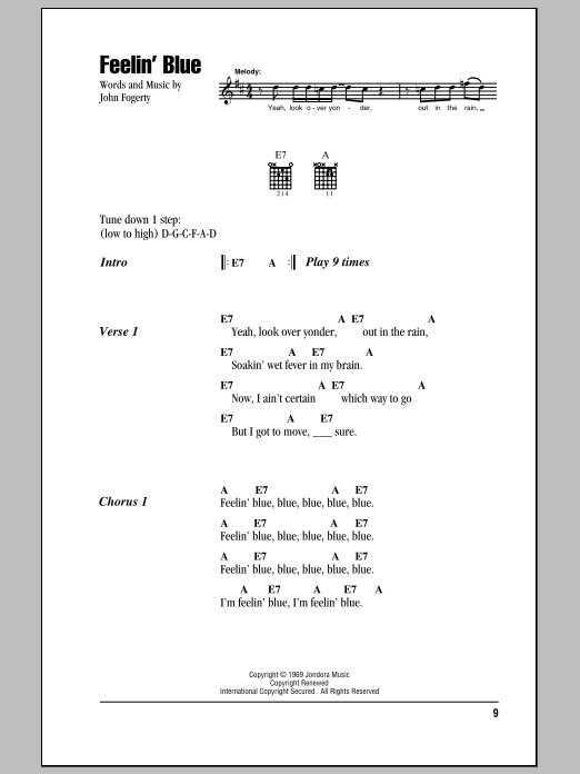 Creedence Clearwater Revival Feelin' Blue sheet music notes and chords. Download Printable PDF.