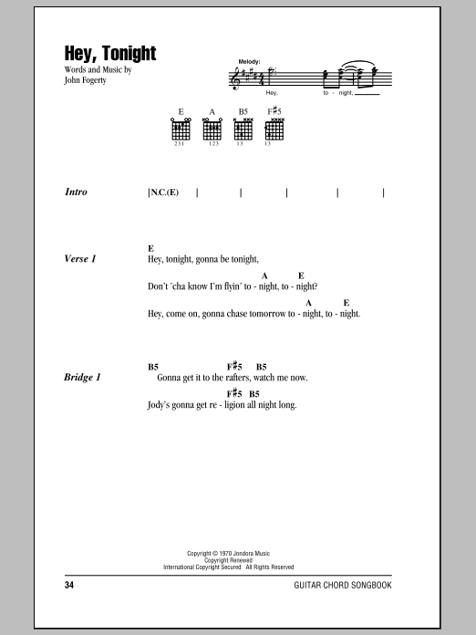 Creedence Clearwater Revival Hey, Tonight sheet music notes and chords. Download Printable PDF.