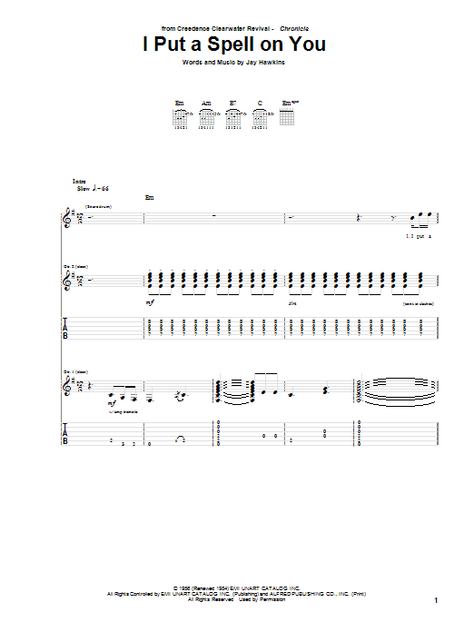 Creedence Clearwater Revival I Put A Spell On You sheet music notes and chords. Download Printable PDF.