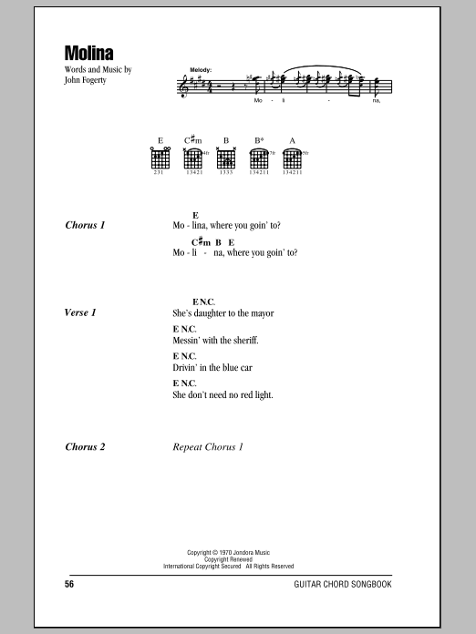 Creedence Clearwater Revival Molina sheet music notes and chords. Download Printable PDF.