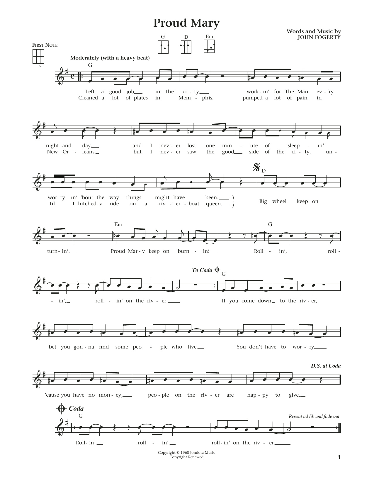 Learn to play Creedence Clearwater Revival Proud Mary (from The Daily Ukulele) (arr. Liz and Jim Beloff) sheet music for Ukulele in minutes. Price: 5.9900$ Creedence Clearwater Revival Proud Mary (from The Daily Ukulele) (arr. Liz and Jim Beloff) sheet music notes and chords arranged for Ukulele