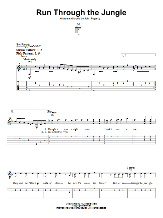 Creedence Clearwater Revival Run Through The Jungle sheet music notes and chords. Download Printable PDF.