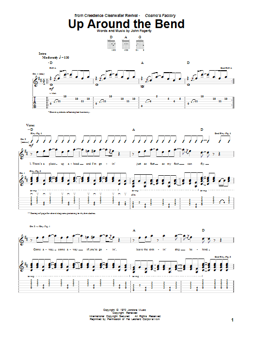 Creedence Clearwater Revival Up Around The Bend sheet music notes and chords. Download Printable PDF.