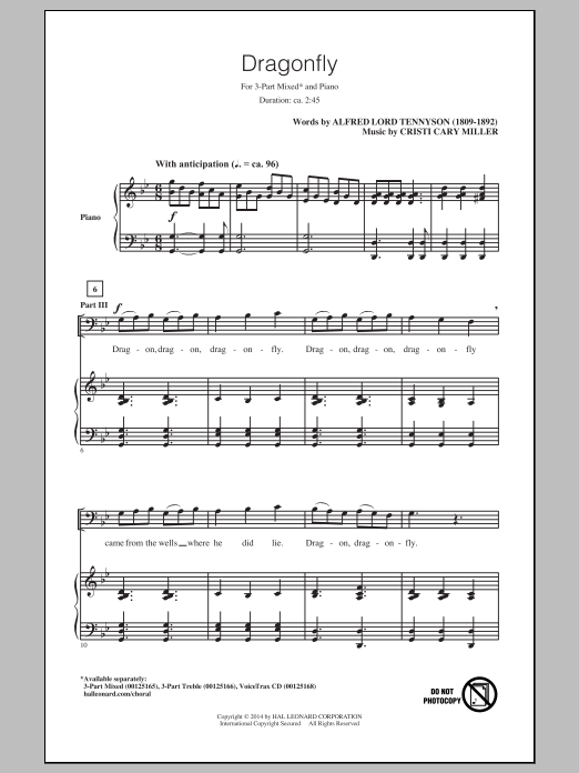 Learn to play Cristi Cary Miller Dragonfly sheet music for 3-Part Mixed Choir in minutes. Price: 3.9900$ Cristi Cary Miller Dragonfly sheet music notes and chords arranged for 3-Part Mixed Choir