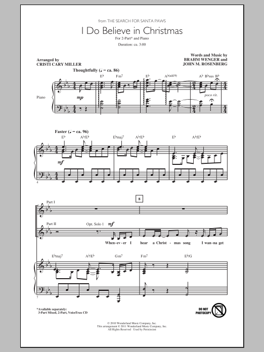 Learn to play Brahm Wenger I Do Believe In Christmas (arr. Cristi Cary Miller) sheet music for 2-Part Choir in minutes. Price: 3.9900$ Brahm Wenger I Do Believe In Christmas (arr. Cristi Cary Miller) sheet music notes and chords arranged for 2-Part Choir