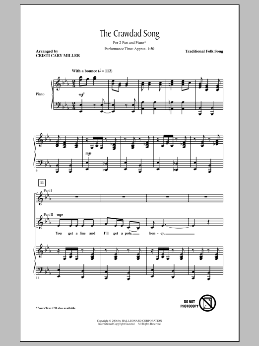 Learn to play Cristi Cary Miller The Crawdad Song sheet music for 2-Part Choir in minutes. Price: 3.9900$ Cristi Cary Miller The Crawdad Song sheet music notes and chords arranged for 2-Part Choir