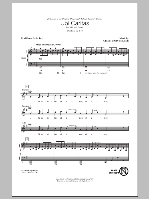 Learn to play Cristi Cary Miller Ubi Caritas sheet music for SSA Choir in minutes. Price: 3.9900$ Cristi Cary Miller Ubi Caritas sheet music notes and chords arranged for SSA Choir