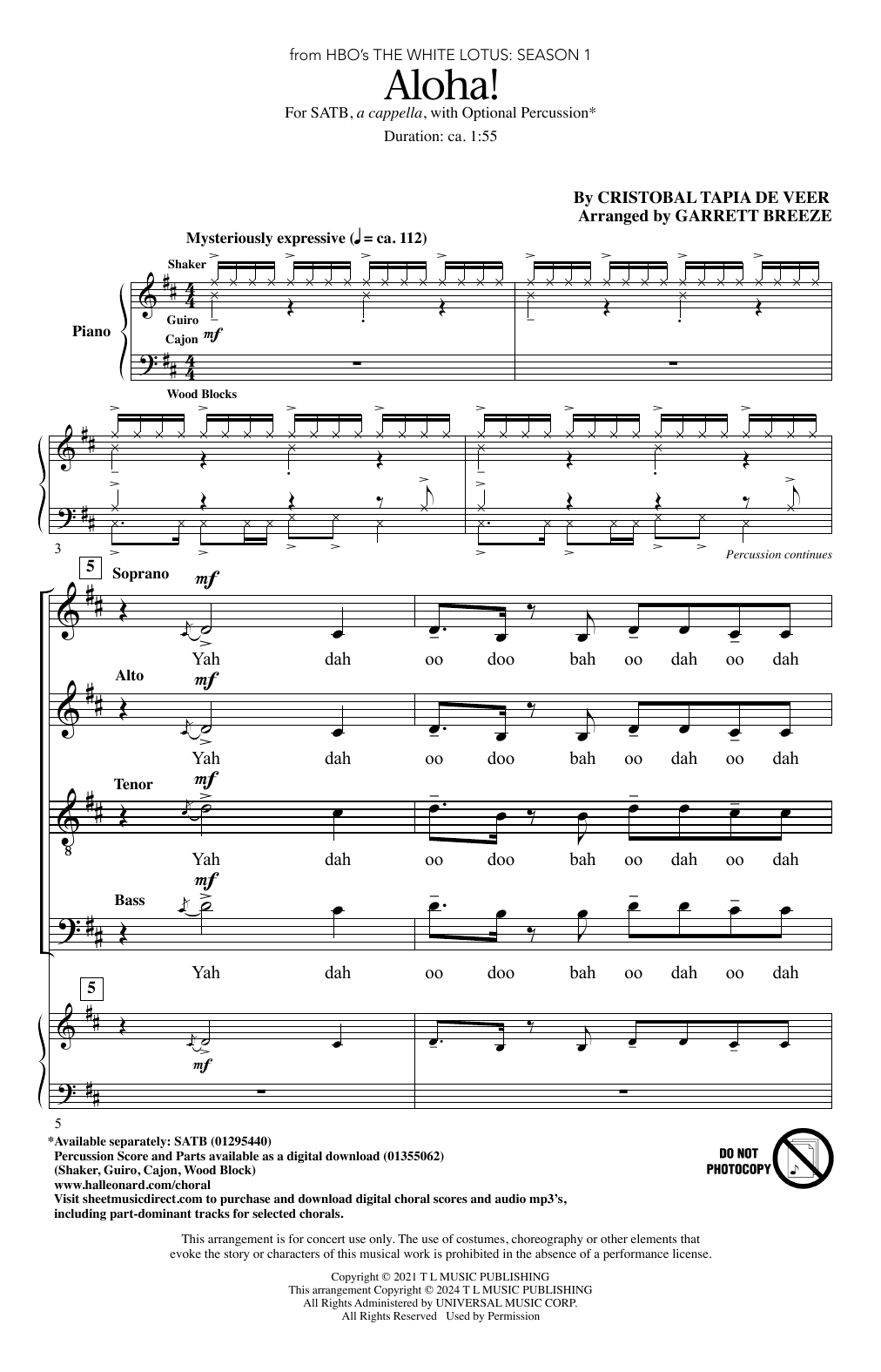 Learn to play Cristobal Tapia de Veer Aloha! (arr. Garrett Breeze) sheet music for SATB Choir in minutes. Price: 3.9900$ Cristobal Tapia de Veer Aloha! (arr. Garrett Breeze) sheet music notes and chords arranged for SATB Choir