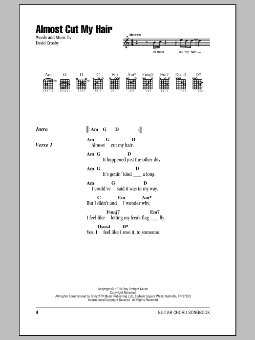 Crosby, Stills & Nash Almost Cut My Hair sheet music notes and chords. Download Printable PDF.