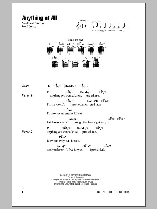 Crosby, Stills & Nash Anything At All sheet music notes and chords. Download Printable PDF.