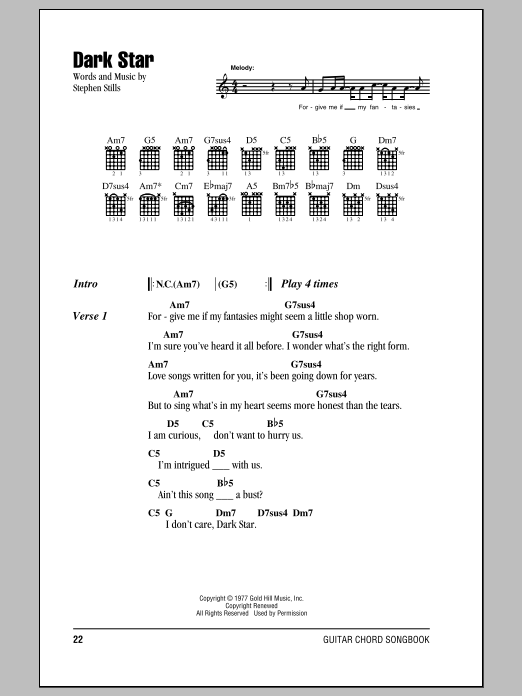 Crosby, Stills & Nash Dark Star sheet music notes and chords. Download Printable PDF.