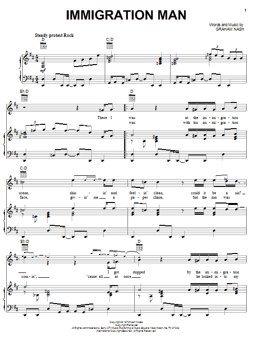 Learn to play Crosby, Stills & Nash Immigration Man sheet music for Piano, Vocal & Guitar Chords (Right-Hand Melody) in minutes. Price: 7.8900$ Crosby, Stills & Nash Immigration Man sheet music notes and chords arranged for Piano, Vocal & Guitar Chords (Right-Hand Melody)