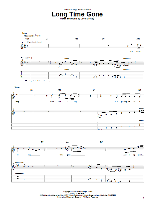 Learn to play Crosby, Stills & Nash Long Time Gone sheet music for Guitar Tab in minutes. Price: 7.8900$ Crosby, Stills & Nash Long Time Gone sheet music notes and chords arranged for Guitar Tab