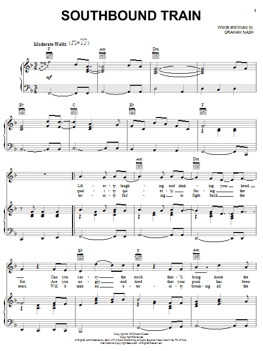 Learn to play Crosby, Stills & Nash Southbound Train sheet music for Piano, Vocal & Guitar Chords (Right-Hand Melody) in minutes. Price: 7.8900$ Crosby, Stills & Nash Southbound Train sheet music notes and chords arranged for Piano, Vocal & Guitar Chords (Right-Hand Melody)