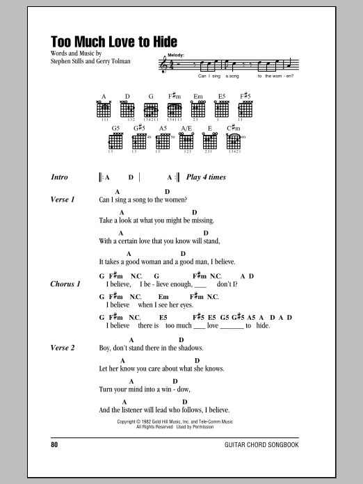 Crosby, Stills & Nash Too Much Love To Hide sheet music notes and chords. Download Printable PDF.