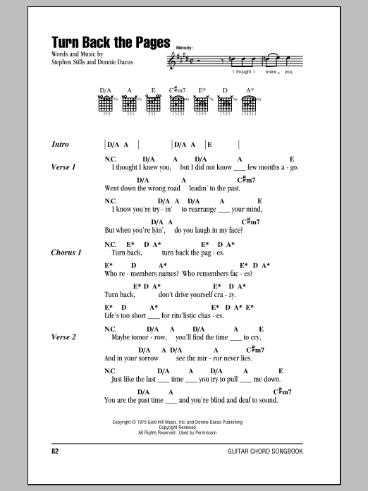 Crosby, Stills & Nash Turn Back The Pages sheet music notes and chords. Download Printable PDF.