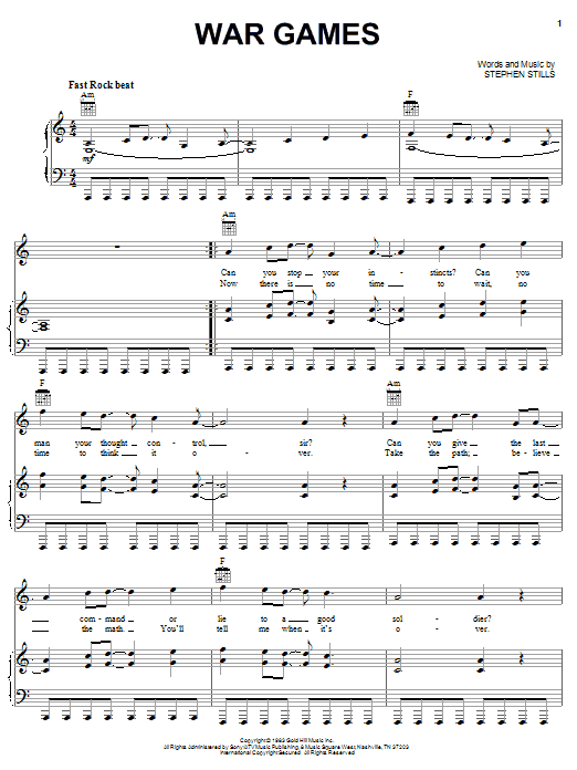 Learn to play Crosby, Stills & Nash War Games sheet music for Piano, Vocal & Guitar Chords (Right-Hand Melody) in minutes. Price: 7.8900$ Crosby, Stills & Nash War Games sheet music notes and chords arranged for Piano, Vocal & Guitar Chords (Right-Hand Melody)