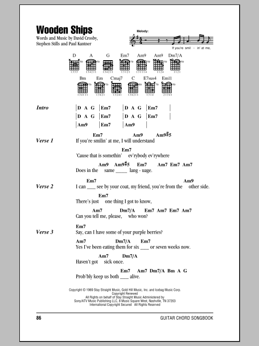 Crosby, Stills & Nash Wooden Ships sheet music notes and chords. Download Printable PDF.