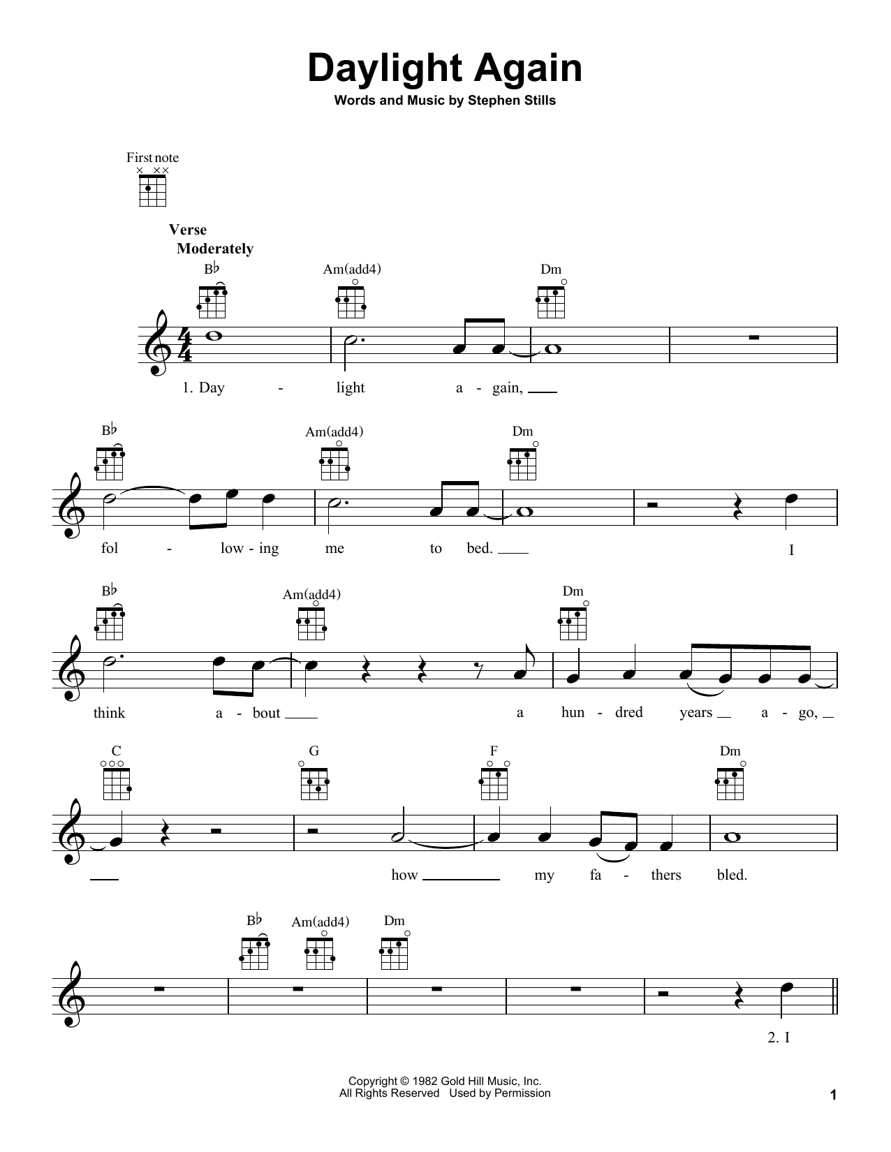 Learn to play Crosby, Stills, Nash & Young Daylight Again sheet music for Ukulele in minutes. Price: 5.9900$ Crosby, Stills, Nash & Young Daylight Again sheet music notes and chords arranged for Ukulele
