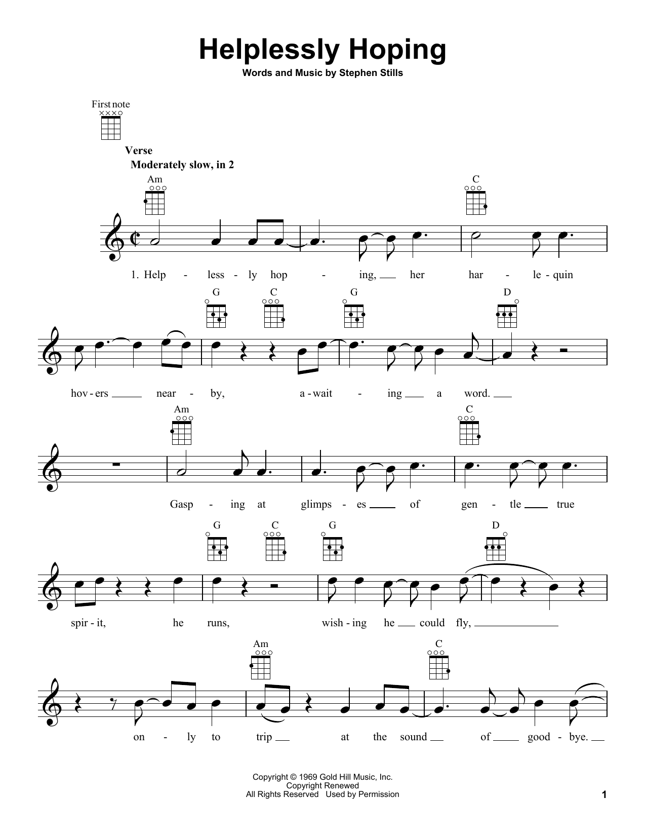 Learn to play Crosby, Stills, Nash & Young Helplessly Hoping sheet music for Ukulele in minutes. Price: 5.9900$ Crosby, Stills, Nash & Young Helplessly Hoping sheet music notes and chords arranged for Ukulele