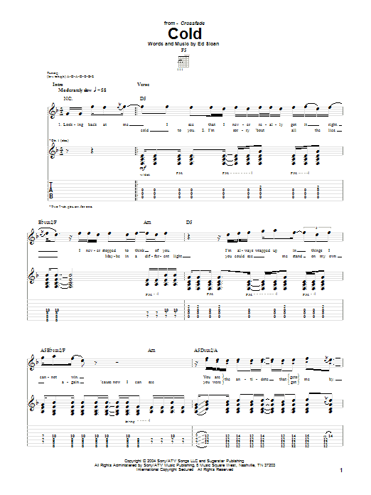 Crossfade Cold sheet music notes and chords. Download Printable PDF.