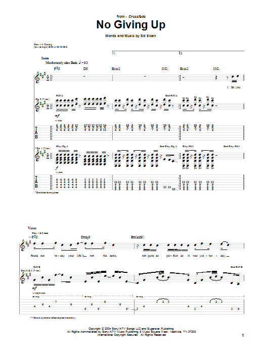Crossfade No Giving Up sheet music notes and chords arranged for Guitar Tab