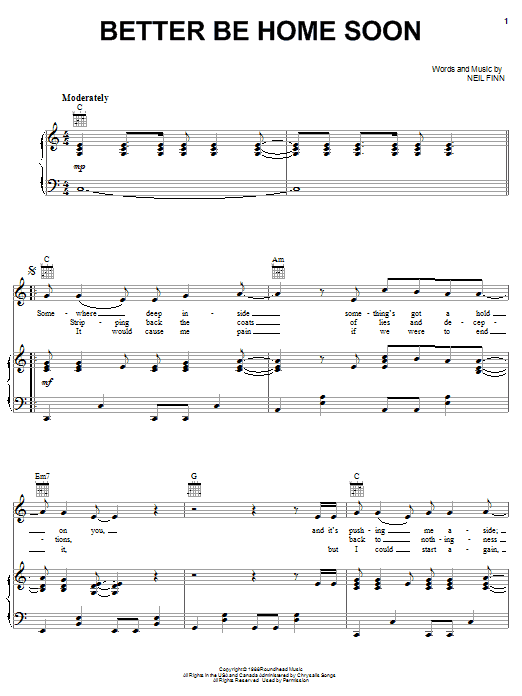 Crowded House Better Be Home Soon sheet music notes and chords. Download Printable PDF.