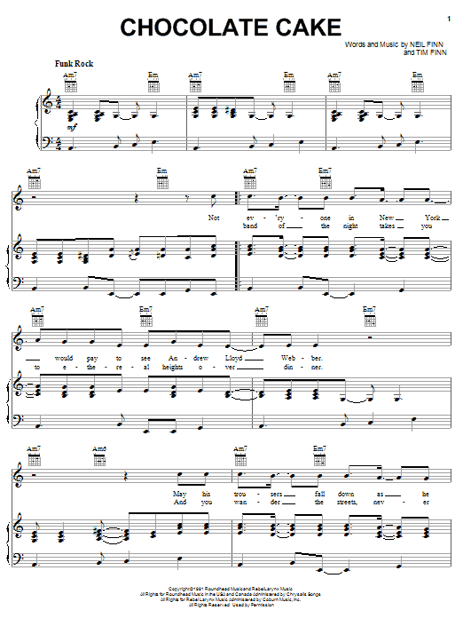 Learn to play Crowded House Chocolate Cake sheet music for Piano, Vocal & Guitar Chords (Right-Hand Melody) in minutes. Price: 7.8900$ Crowded House Chocolate Cake sheet music notes and chords arranged for Piano, Vocal & Guitar Chords (Right-Hand Melody)
