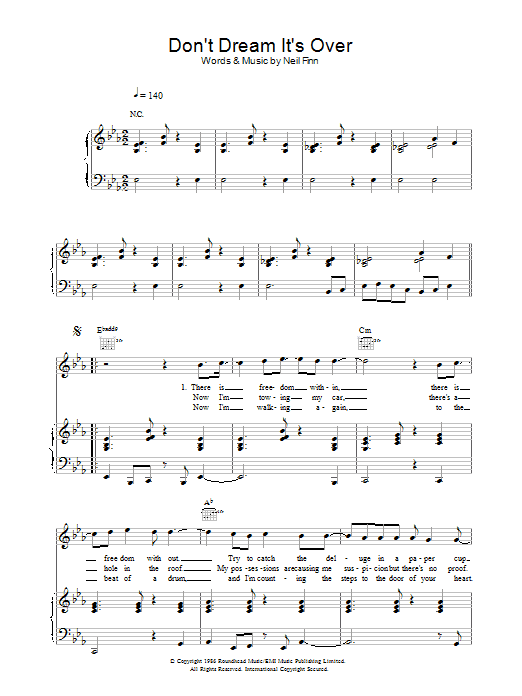 Crowded House Don't Dream It's Over sheet music notes and chords. Download Printable PDF.