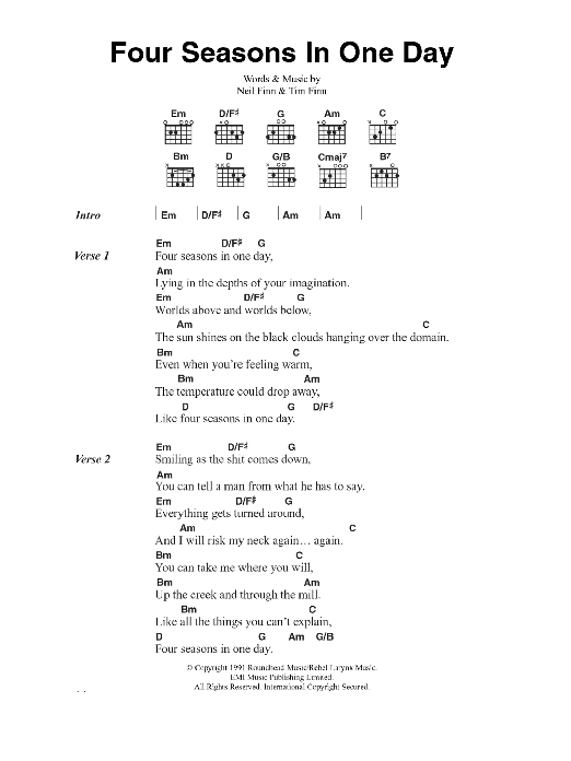 Crowded House Four Seasons In One Day sheet music notes and chords arranged for Guitar Chords/Lyrics