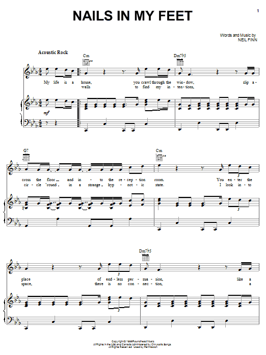 Learn to play Crowded House Nails In My Feet sheet music for Piano, Vocal & Guitar Chords (Right-Hand Melody) in minutes. Price: 7.8900$ Crowded House Nails In My Feet sheet music notes and chords arranged for Piano, Vocal & Guitar Chords (Right-Hand Melody)