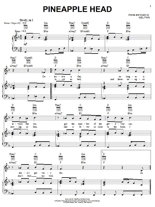 Crowded House Pineapple Head sheet music notes and chords arranged for Piano, Vocal & Guitar Chords (Right-Hand Melody)