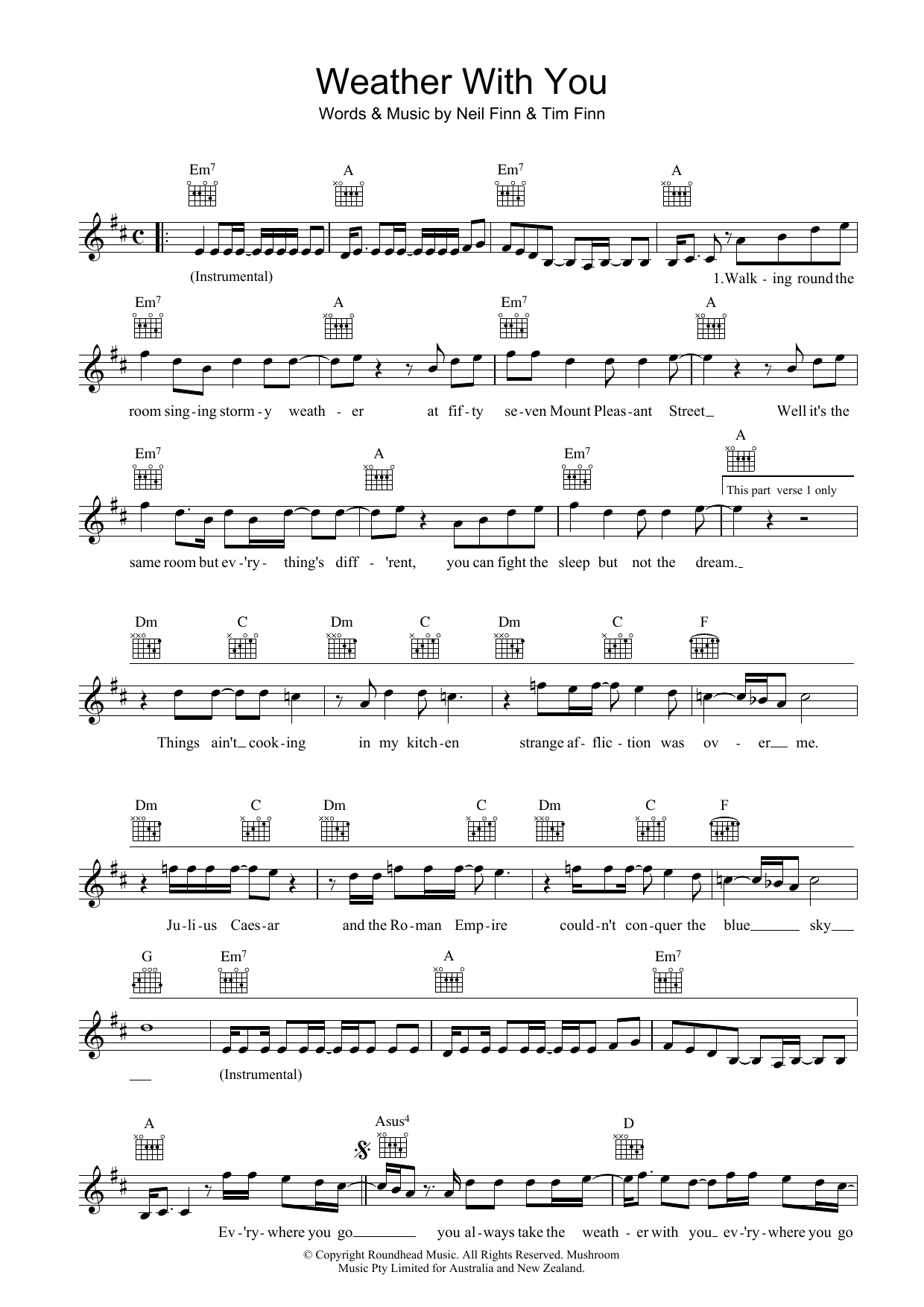 Crowded House Weather With You sheet music notes and chords. Download Printable PDF.