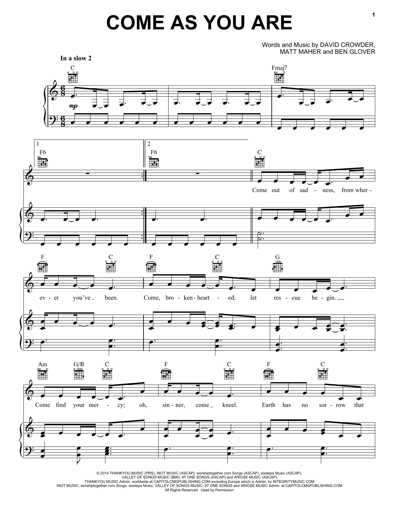 Crowder Come As You Are sheet music notes and chords. Download Printable PDF.