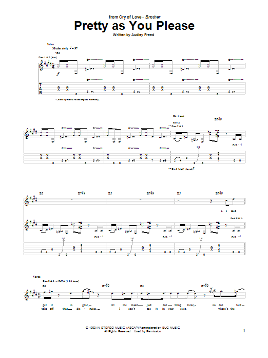 Learn to play Cry of Love Pretty As You Please sheet music for Guitar Tab in minutes. Price: 7.8900$ Cry of Love Pretty As You Please sheet music notes and chords arranged for Guitar Tab