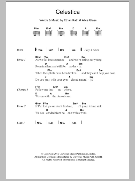 Learn to play Crystal Castles Celestica sheet music for Guitar Chords/Lyrics in minutes. Price: 4.4900$ Crystal Castles Celestica sheet music notes and chords arranged for Guitar Chords/Lyrics