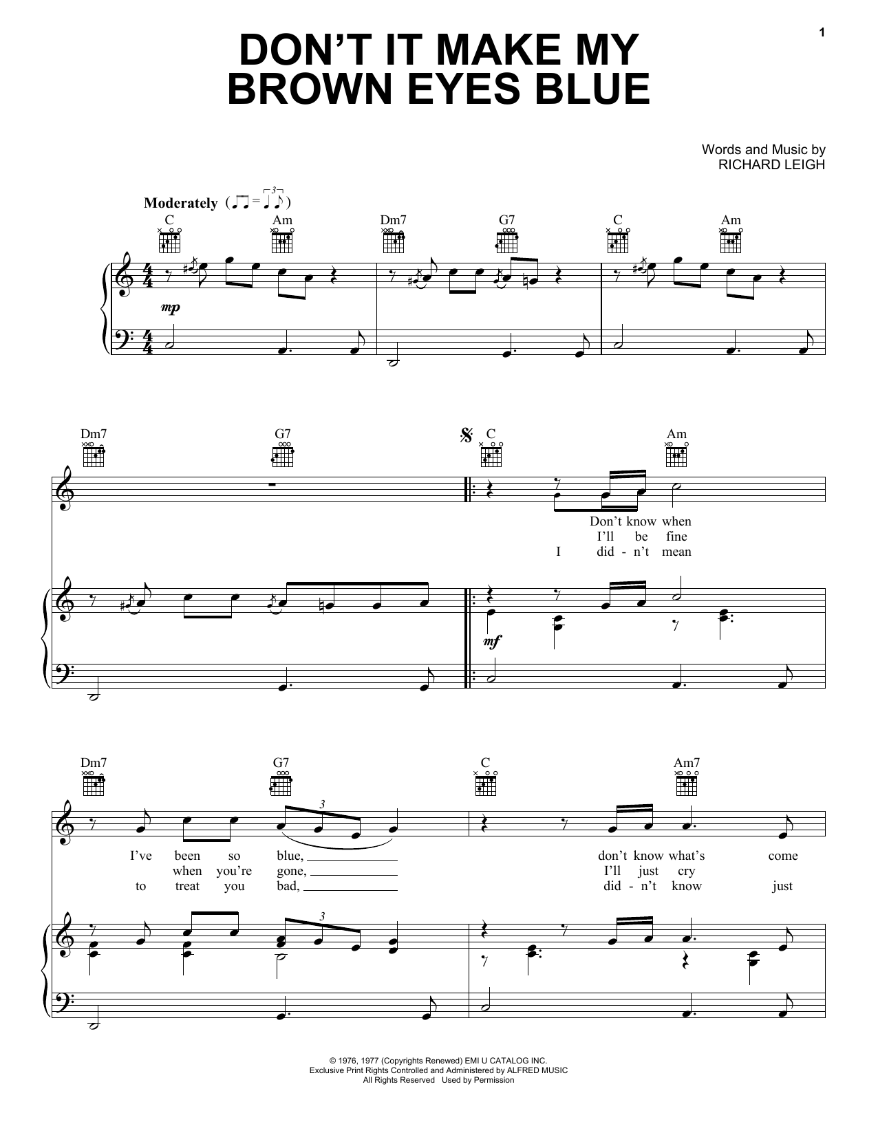 Crystal Gayle Don't It Make My Brown Eyes Blue sheet music notes and chords. Download Printable PDF.