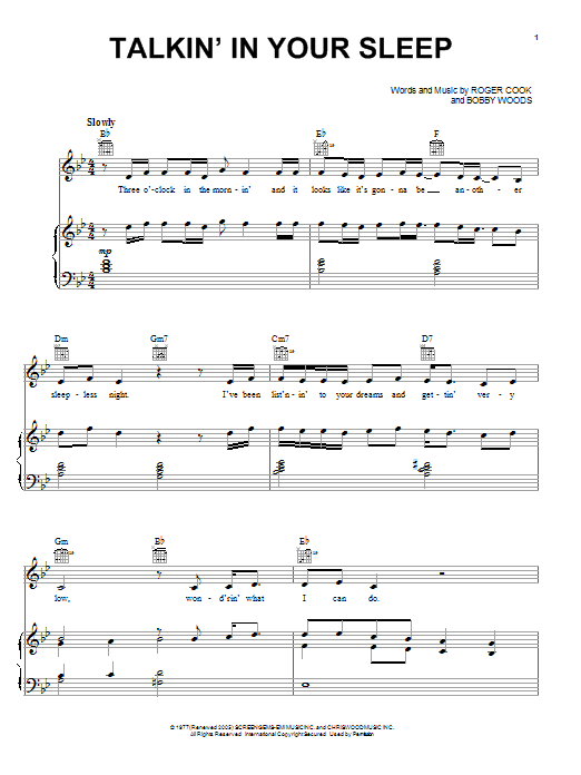 Learn to play Crystal Gayle Talkin' In Your Sleep sheet music for Piano, Vocal & Guitar Chords (Right-Hand Melody) in minutes. Price: 7.8900$ Crystal Gayle Talkin' In Your Sleep sheet music notes and chords arranged for Piano, Vocal & Guitar Chords (Right-Hand Melody)