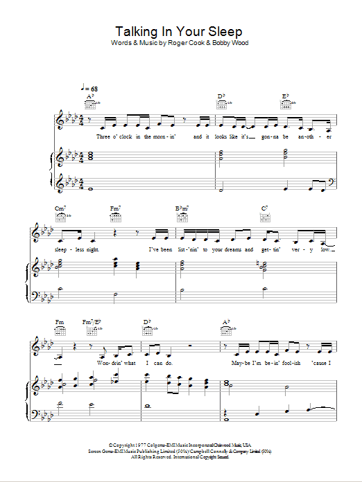 Crystal Gayle Talking In Your Sleep sheet music notes and chords arranged for Piano, Vocal & Guitar Chords