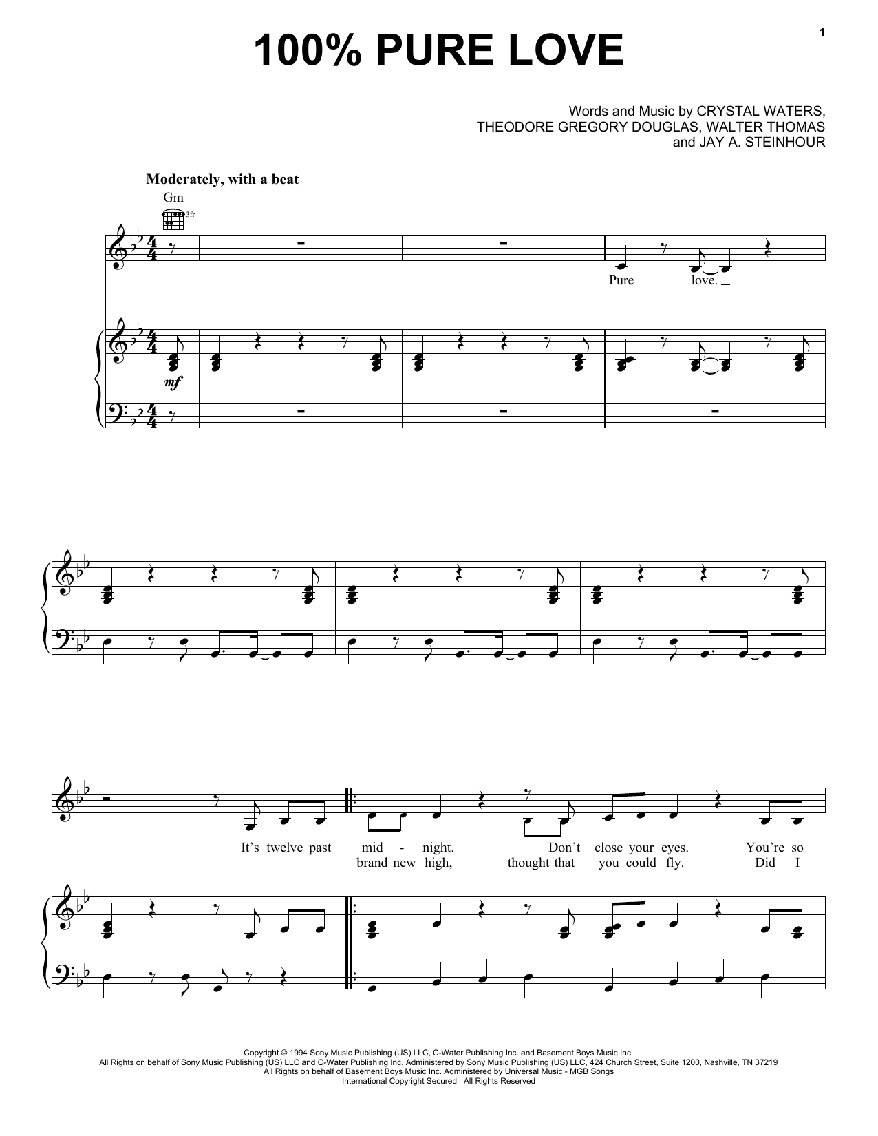 Learn to play Crystal Waters 100% Pure Love sheet music for Piano, Vocal & Guitar Chords (Right-Hand Melody) in minutes. Price: 7.8900$ Crystal Waters 100% Pure Love sheet music notes and chords arranged for Piano, Vocal & Guitar Chords (Right-Hand Melody)