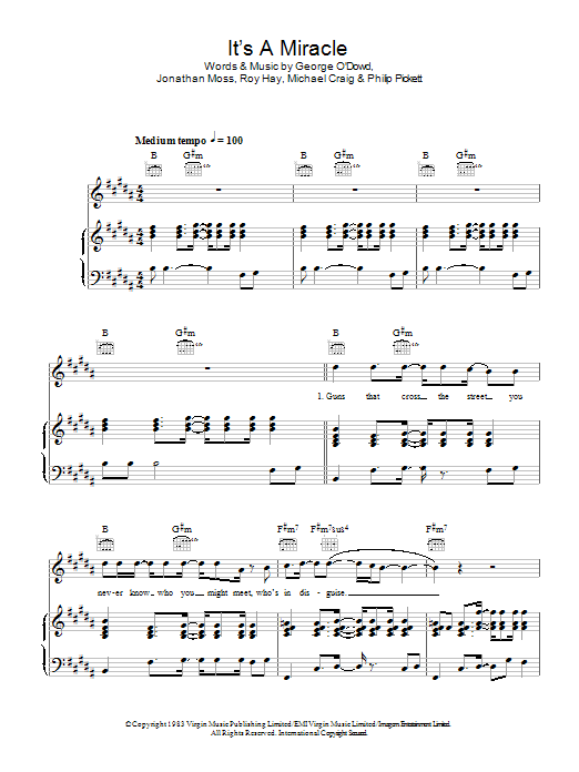 Learn to play Culture Club It's A Miracle sheet music for Piano, Vocal & Guitar Chords in minutes. Price: 7.8900$ Culture Club It's A Miracle sheet music notes and chords arranged for Piano, Vocal & Guitar Chords