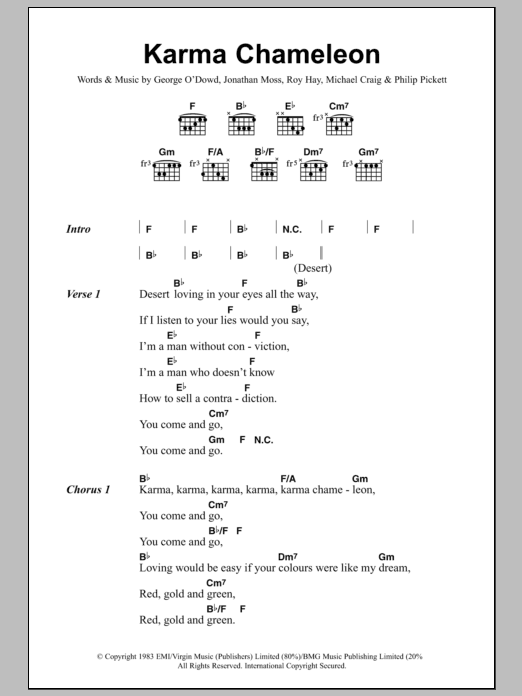 Culture Club Karma Chameleon sheet music notes and chords. Download Printable PDF.