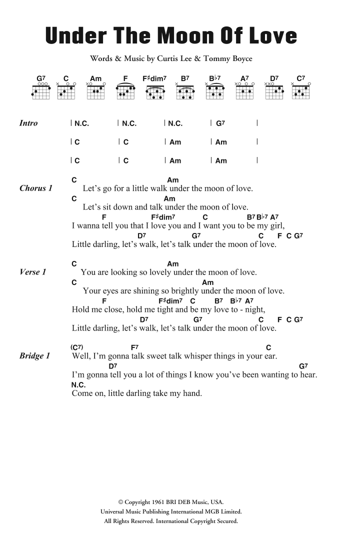 Curtis Lee Under The Moon Of Love sheet music notes and chords arranged for Guitar Chords/Lyrics