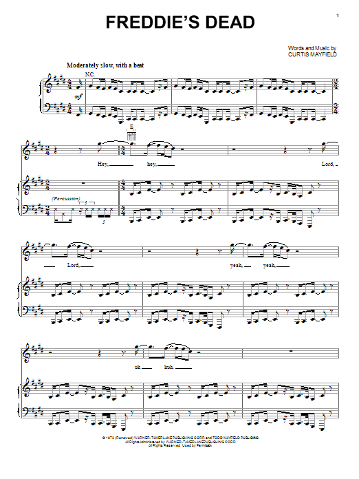 Learn to play Curtis Mayfield Freddie's Dead sheet music for Real Book – Melody & Chords in minutes. Price: 5.9900$ Curtis Mayfield Freddie's Dead sheet music notes and chords arranged for Real Book – Melody & Chords