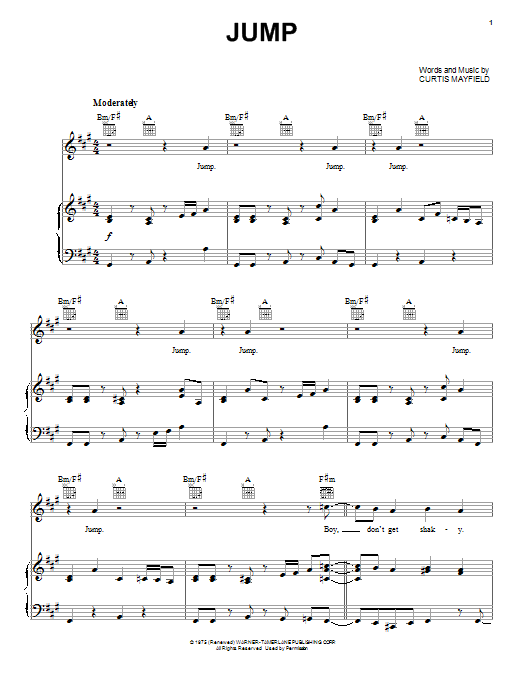 Learn to play Curtis Mayfield Jump sheet music for Piano, Vocal & Guitar Chords (Right-Hand Melody) in minutes. Price: 7.8900$ Curtis Mayfield Jump sheet music notes and chords arranged for Piano, Vocal & Guitar Chords (Right-Hand Melody)