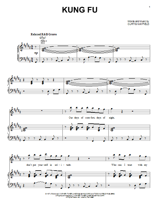 Curtis Mayfield Kung Fu sheet music notes and chords arranged for Piano, Vocal & Guitar Chords (Right-Hand Melody)