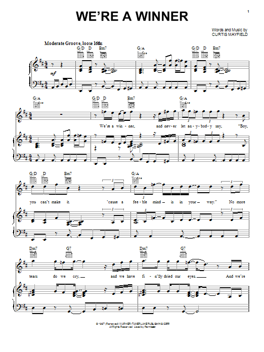 Learn to play Curtis Mayfield We're A Winner sheet music for Piano, Vocal & Guitar Chords (Right-Hand Melody) in minutes. Price: 7.8900$ Curtis Mayfield We're A Winner sheet music notes and chords arranged for Piano, Vocal & Guitar Chords (Right-Hand Melody)