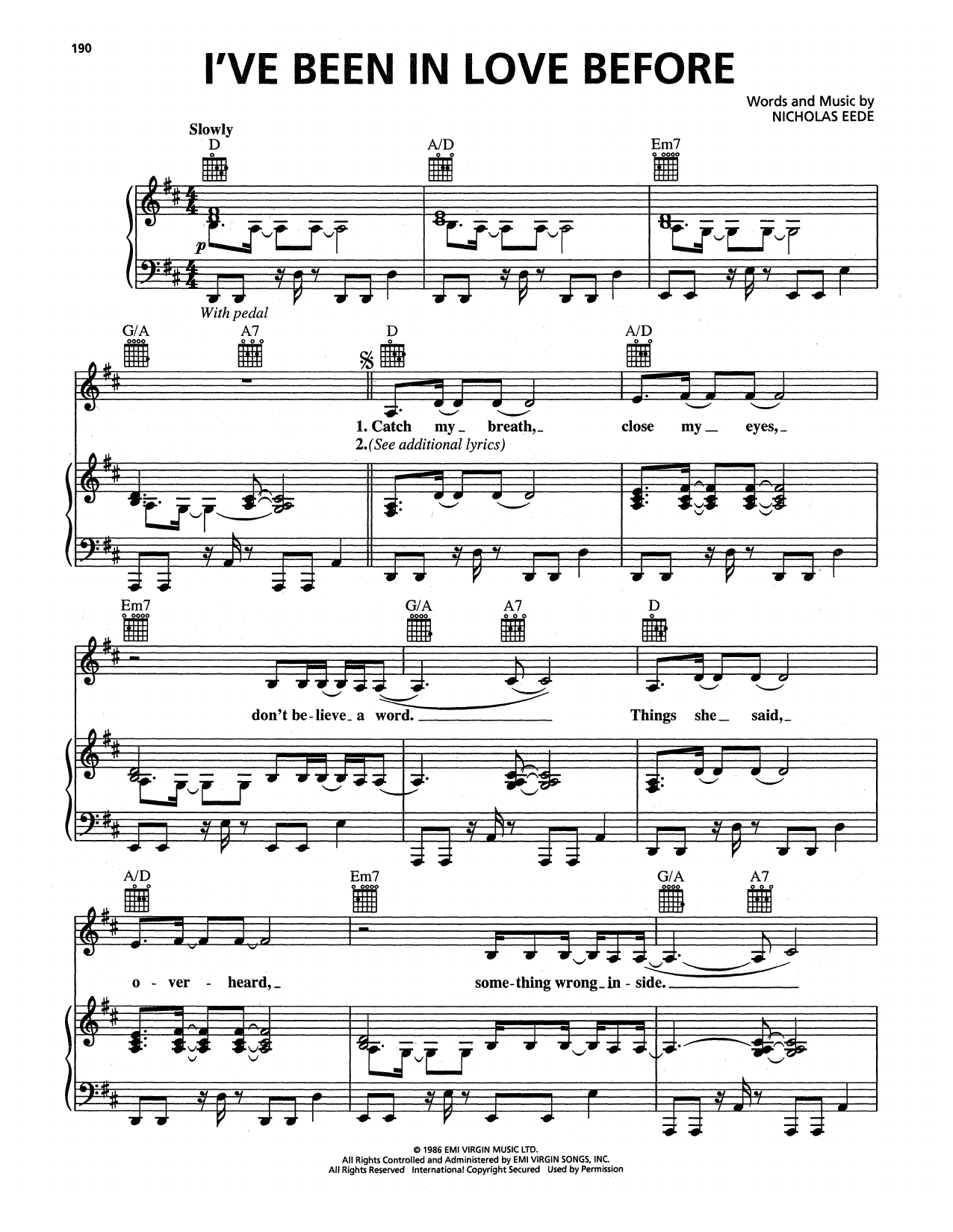 Cutting Crew I've Been In Love Before sheet music notes and chords arranged for Piano, Vocal & Guitar Chords (Right-Hand Melody)